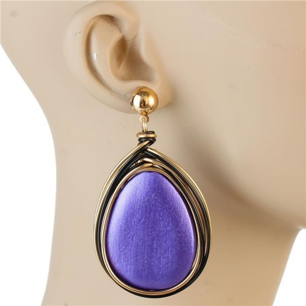 Purple Gold Oval Wire Drop Dangle Earrings 3" Statement Fabric Teardrop Jewelry
